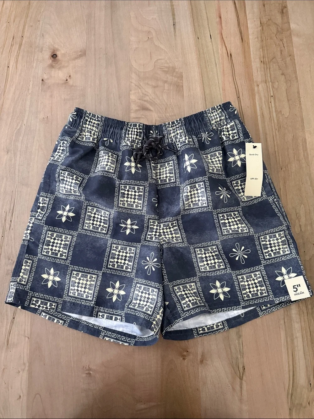 No Boundaries Navy and Cream Patterned Swim Trunks